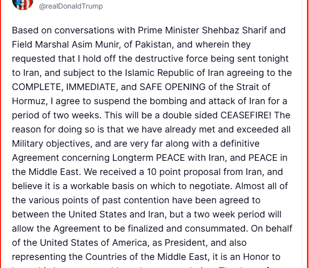 震惊！特朗普宣布休战两周！原油价“飞流直下三千尺”！